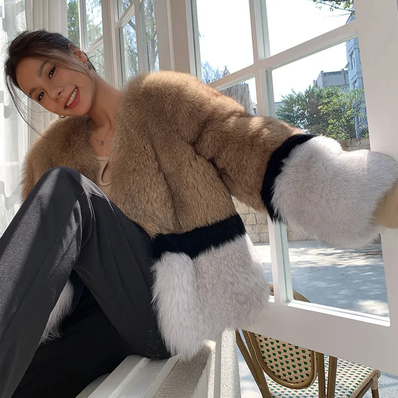 2022 New Women's Imported Fox Fur Coat Long Sleeve Winter Luxury Fluffy Overcoat 4894
