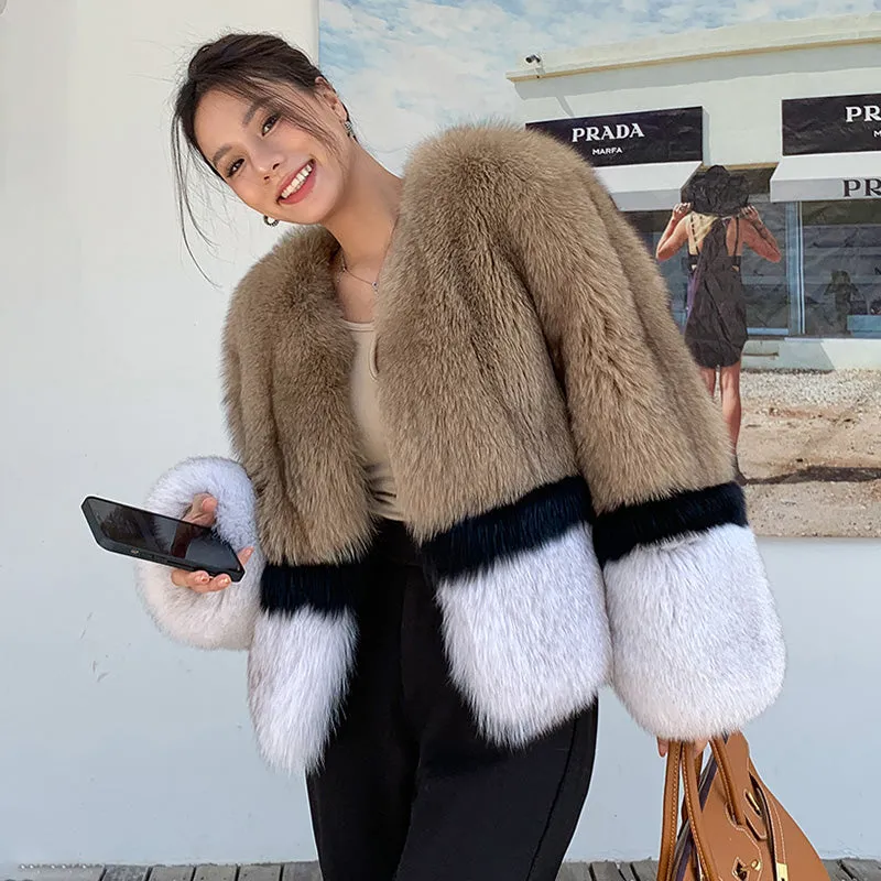 2022 New Women's Imported Fox Fur Coat Long Sleeve Winter Luxury Fluffy Overcoat 4894