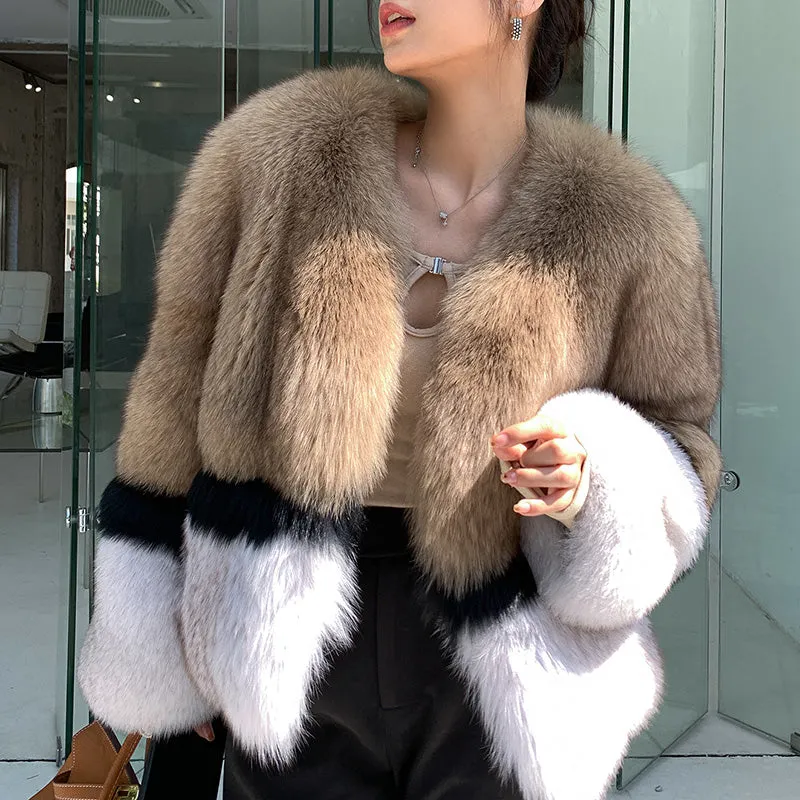 2022 New Women's Imported Fox Fur Coat Long Sleeve Winter Luxury Fluffy Overcoat 4894