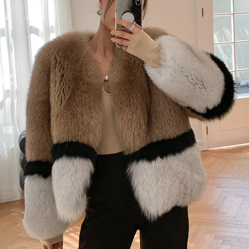 2022 New Women's Imported Fox Fur Coat Long Sleeve Winter Luxury Fluffy Overcoat 4894