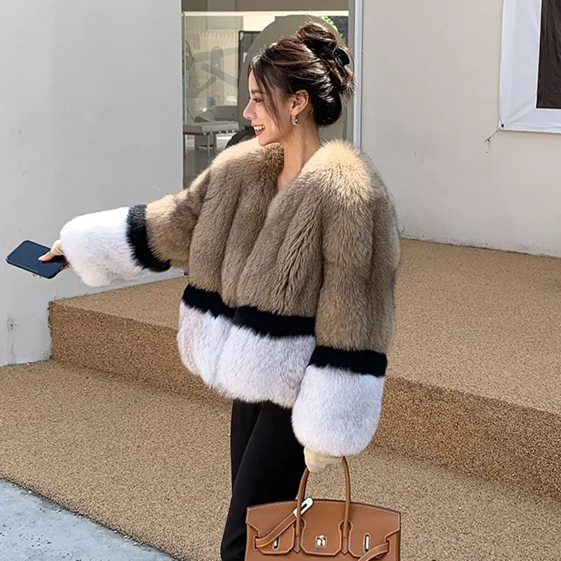 2022 New Women's Imported Fox Fur Coat Long Sleeve Winter Luxury Fluffy Overcoat 4894