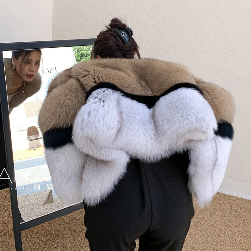2022 New Women's Imported Fox Fur Coat Long Sleeve Winter Luxury Fluffy Overcoat 4894