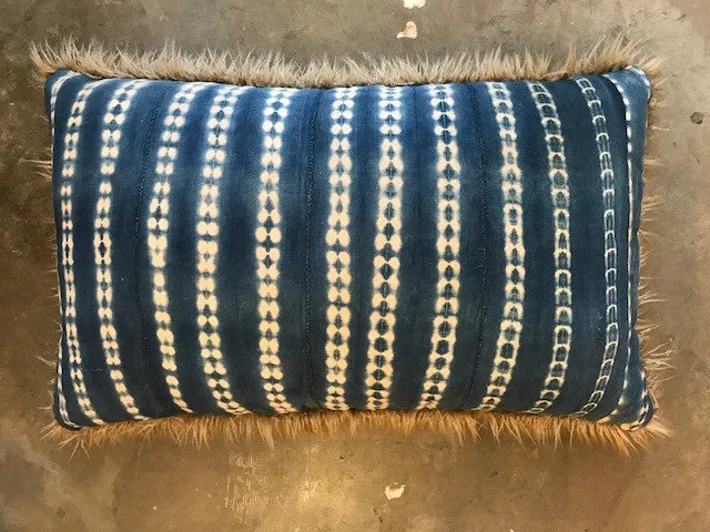 24 x 40 INDIGO AND MUD CLOTH PILLOWS BACKED WITH FAUX FUR
