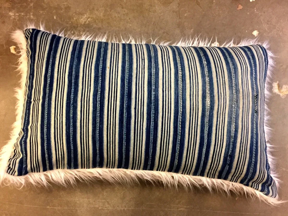 24 x 40 INDIGO AND MUD CLOTH PILLOWS BACKED WITH FAUX FUR