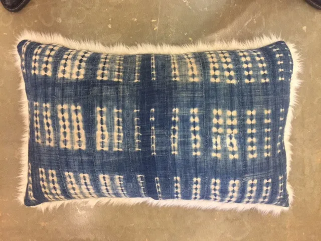 24 x 40 INDIGO AND MUD CLOTH PILLOWS BACKED WITH FAUX FUR