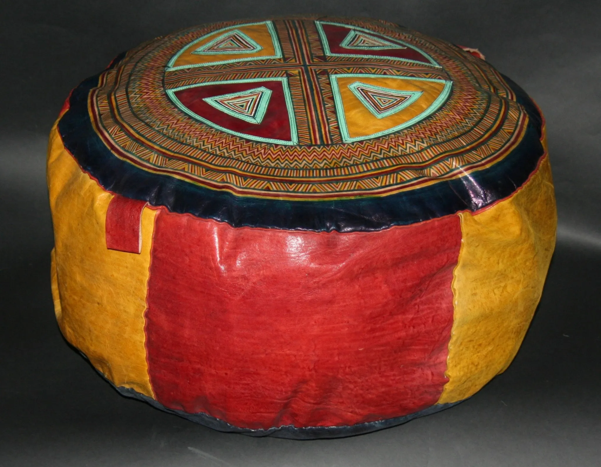 African Tuareg Leather Pouf/Ottoman/Footstool Antique Red Yellow Blue Turquoise