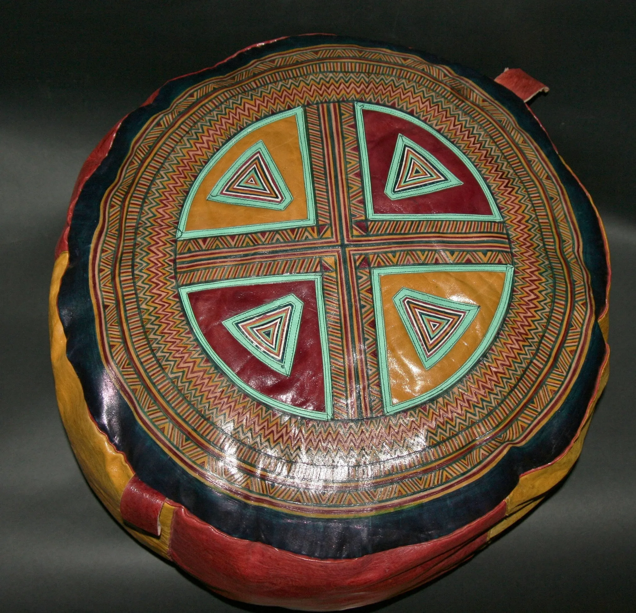 African Tuareg Leather Pouf/Ottoman/Footstool Antique Red Yellow Blue Turquoise