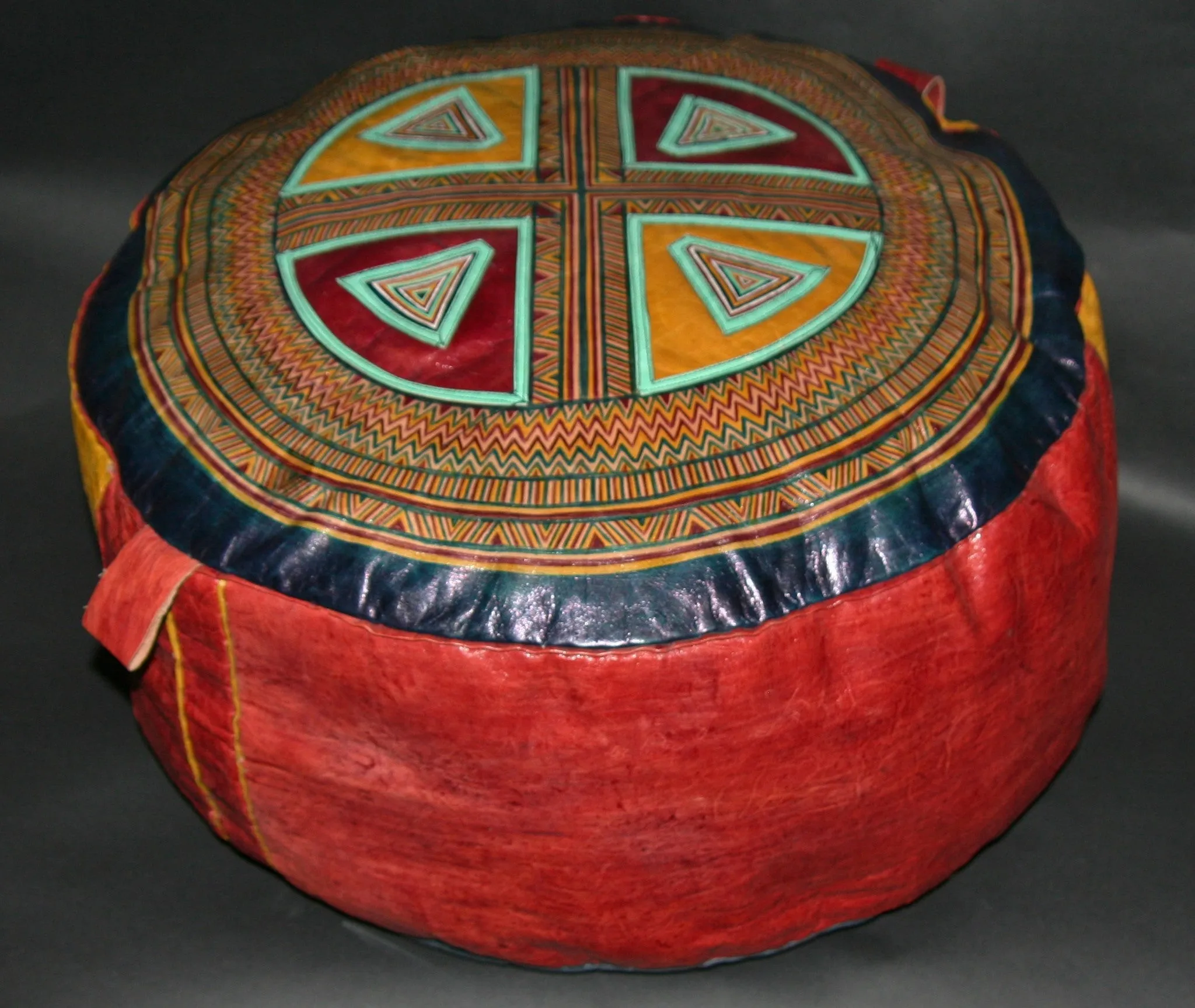 African Tuareg Leather Pouf/Ottoman/Footstool Antique Red Yellow Blue Turquoise