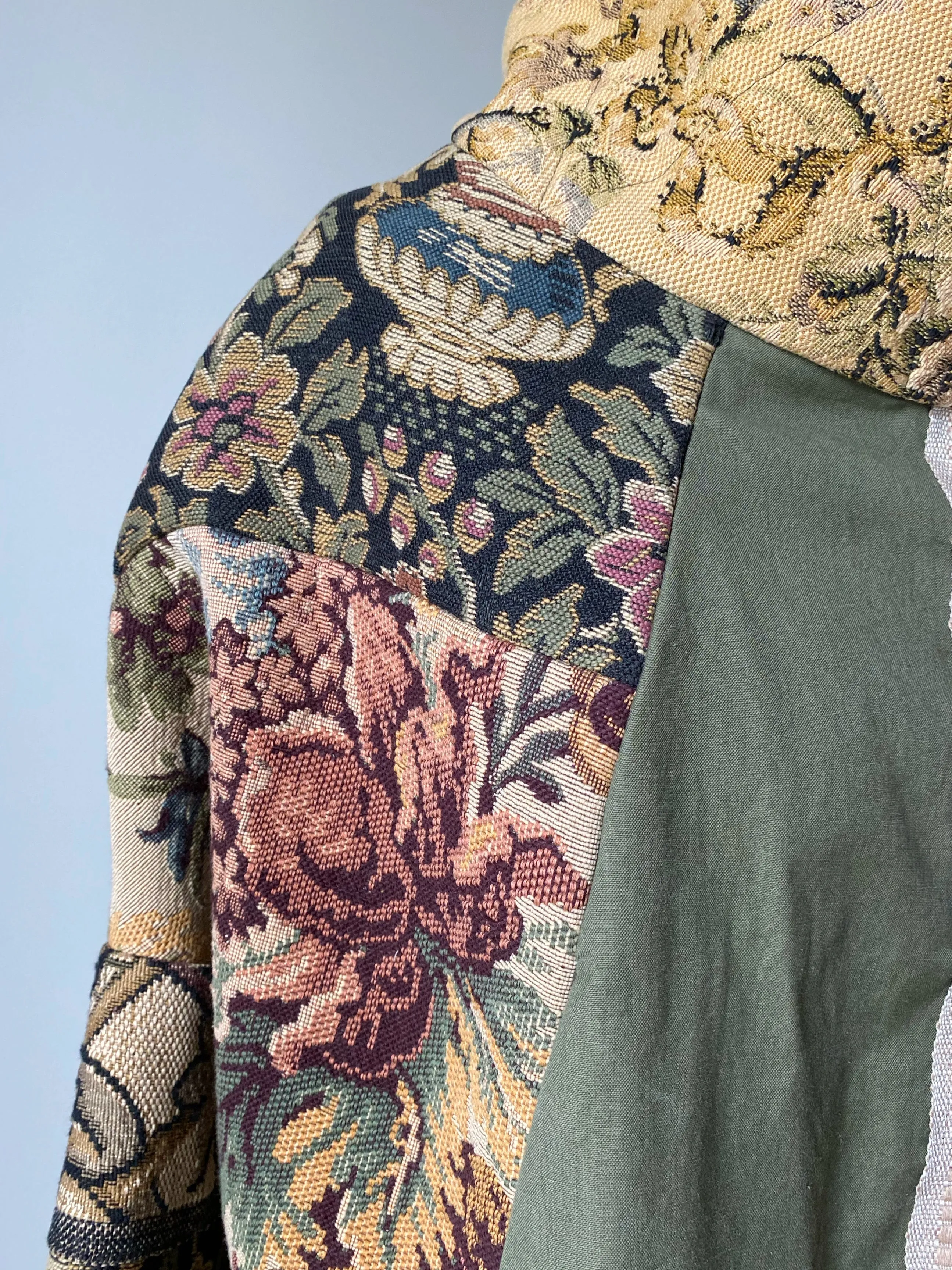 antique jacquard and army cocoon with handwoven trim