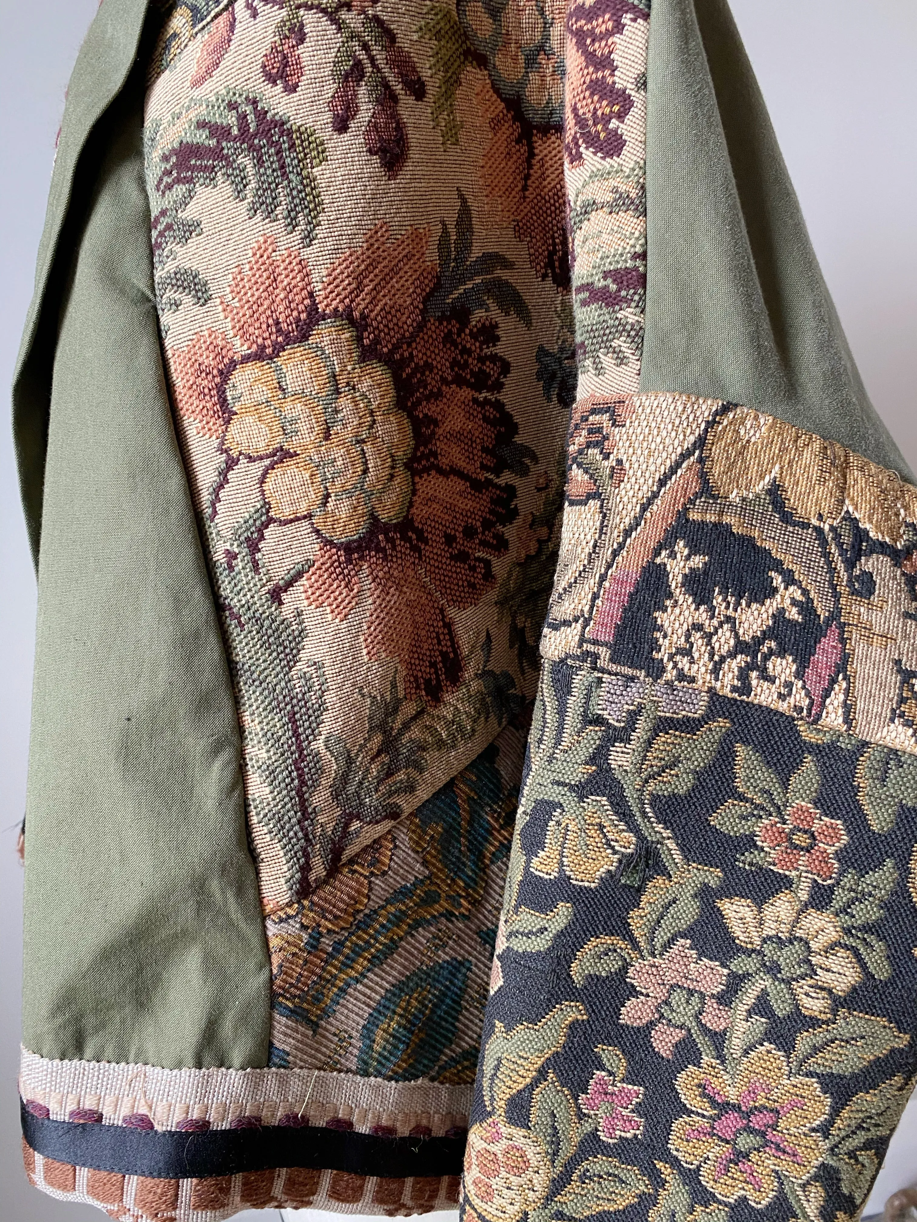 antique jacquard and army cocoon with handwoven trim