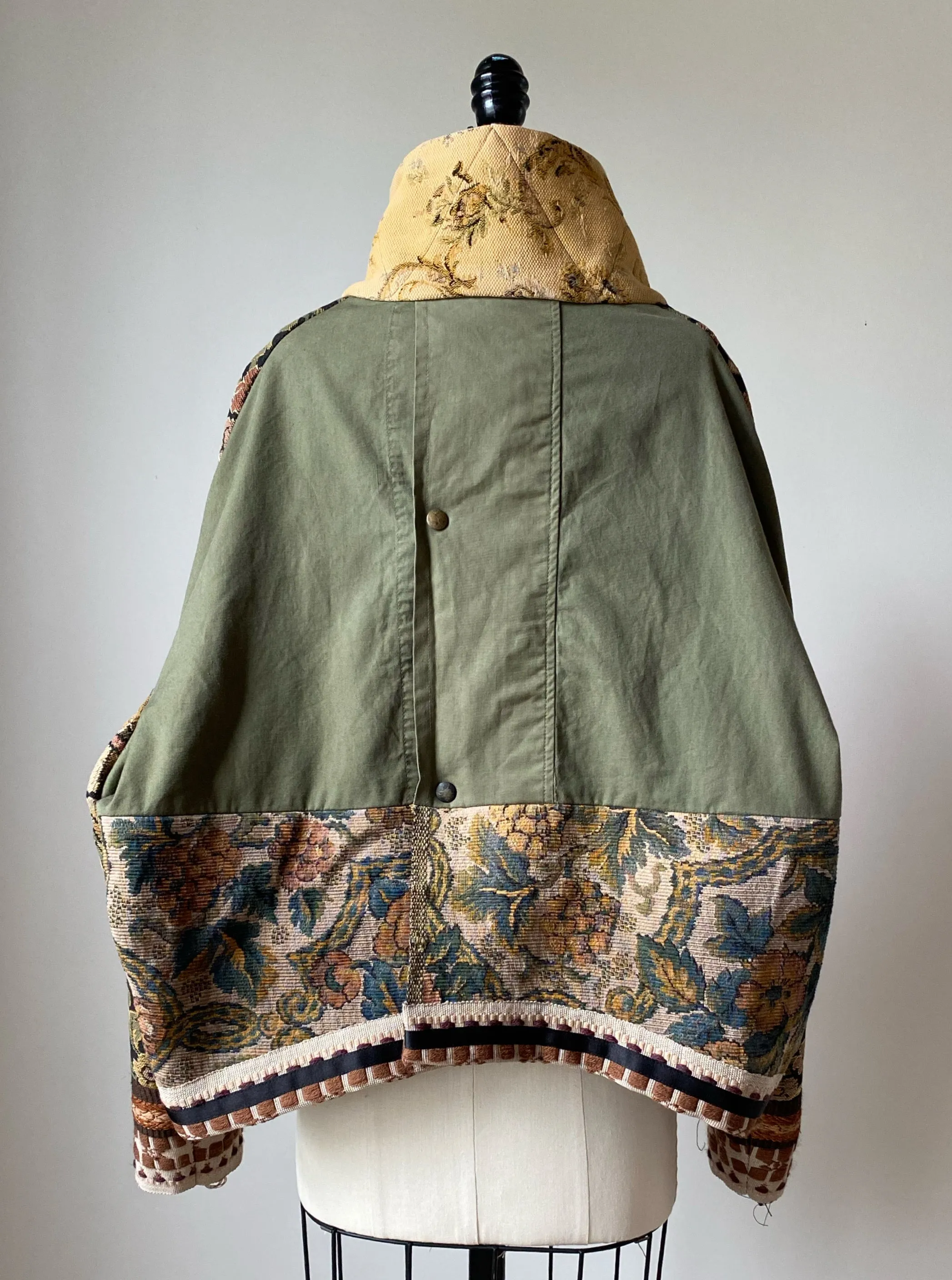 antique jacquard and army cocoon with handwoven trim