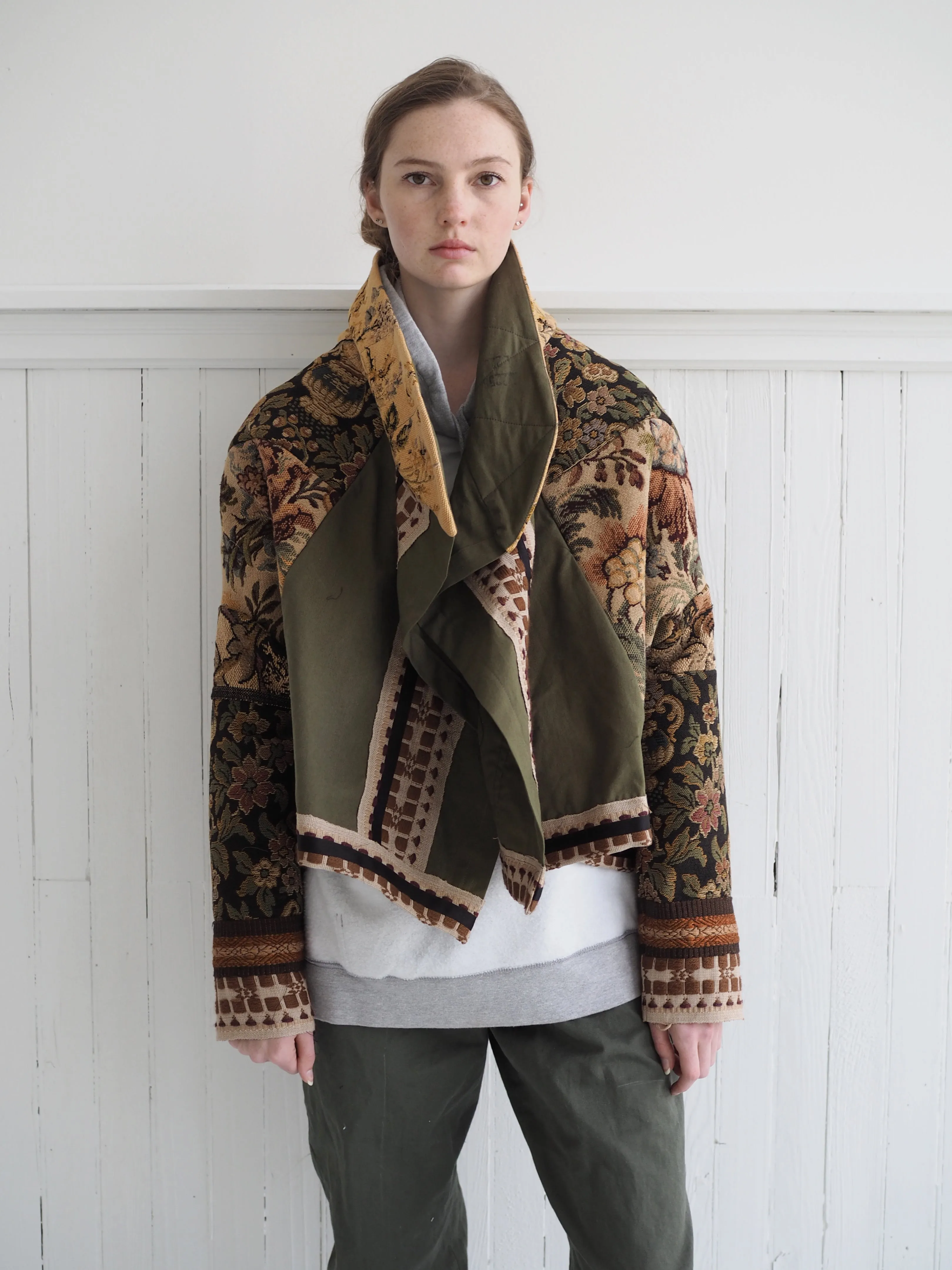 antique jacquard and army cocoon with handwoven trim