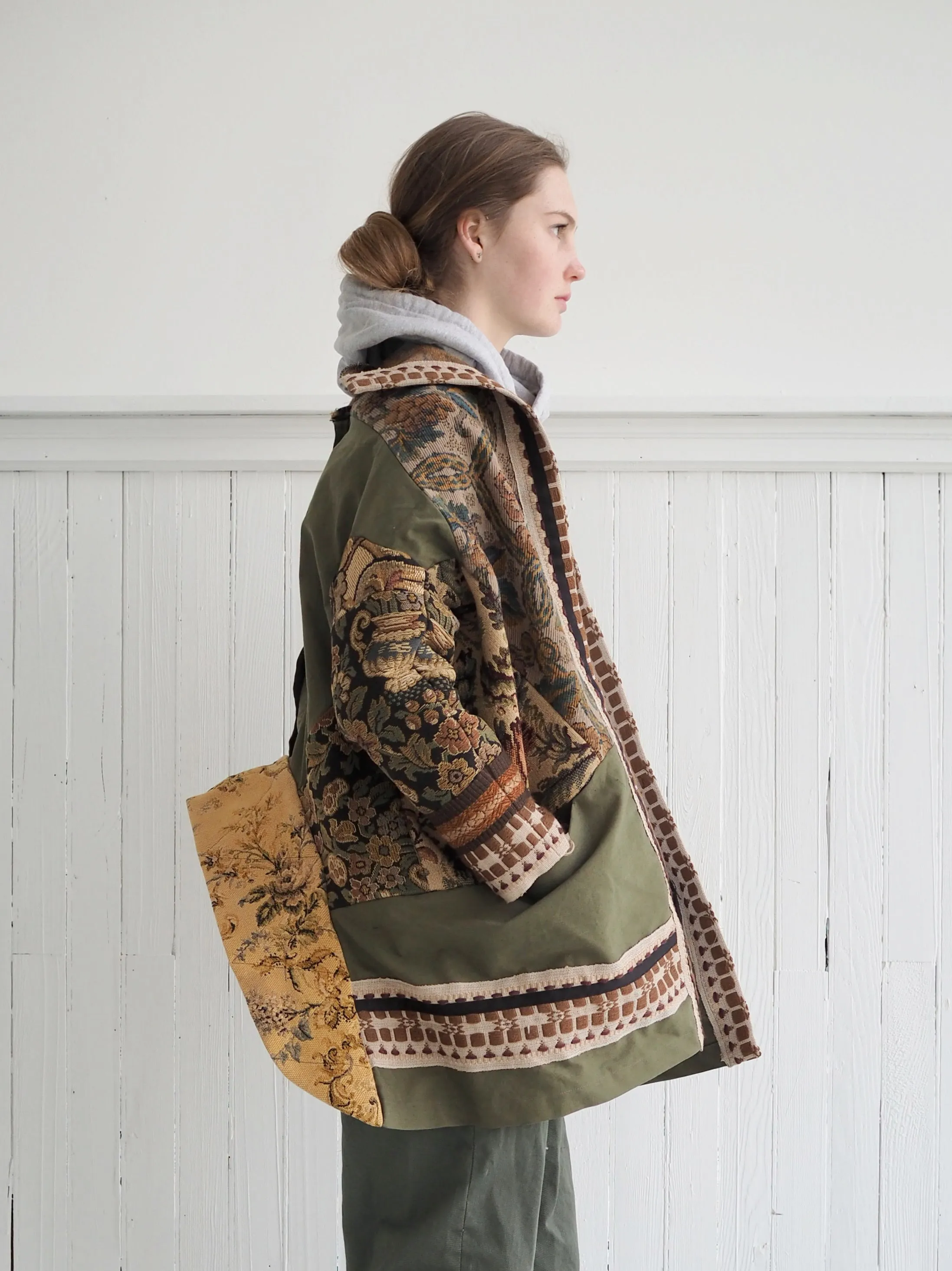 antique jacquard and army cocoon with handwoven trim