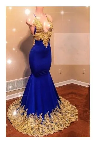 Appliques Spaghetti Sleeveless V-neck Mermaid Prom Dresses