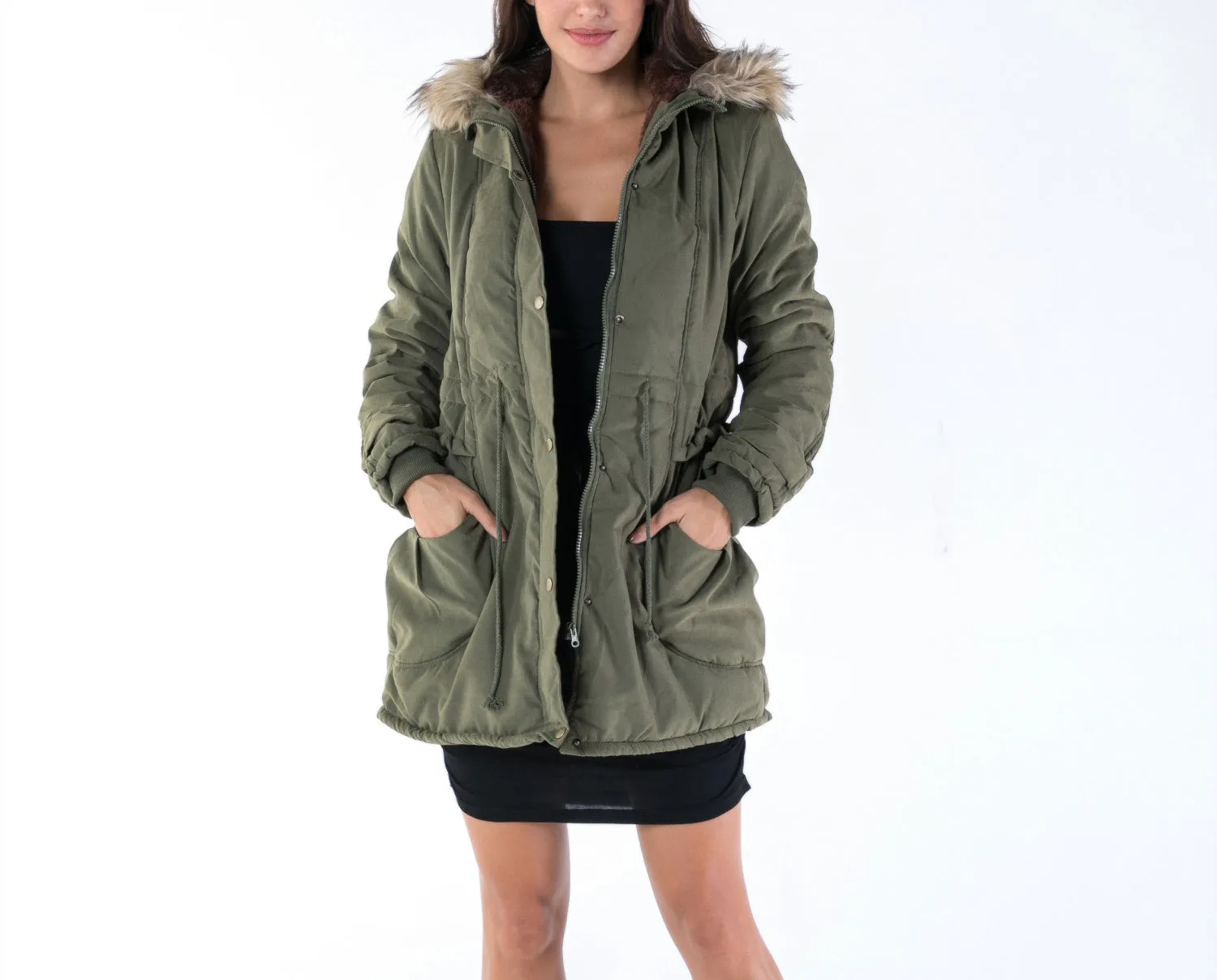 Army Green Thickening Slim Fur Collar Winter Coat Cotton Coat