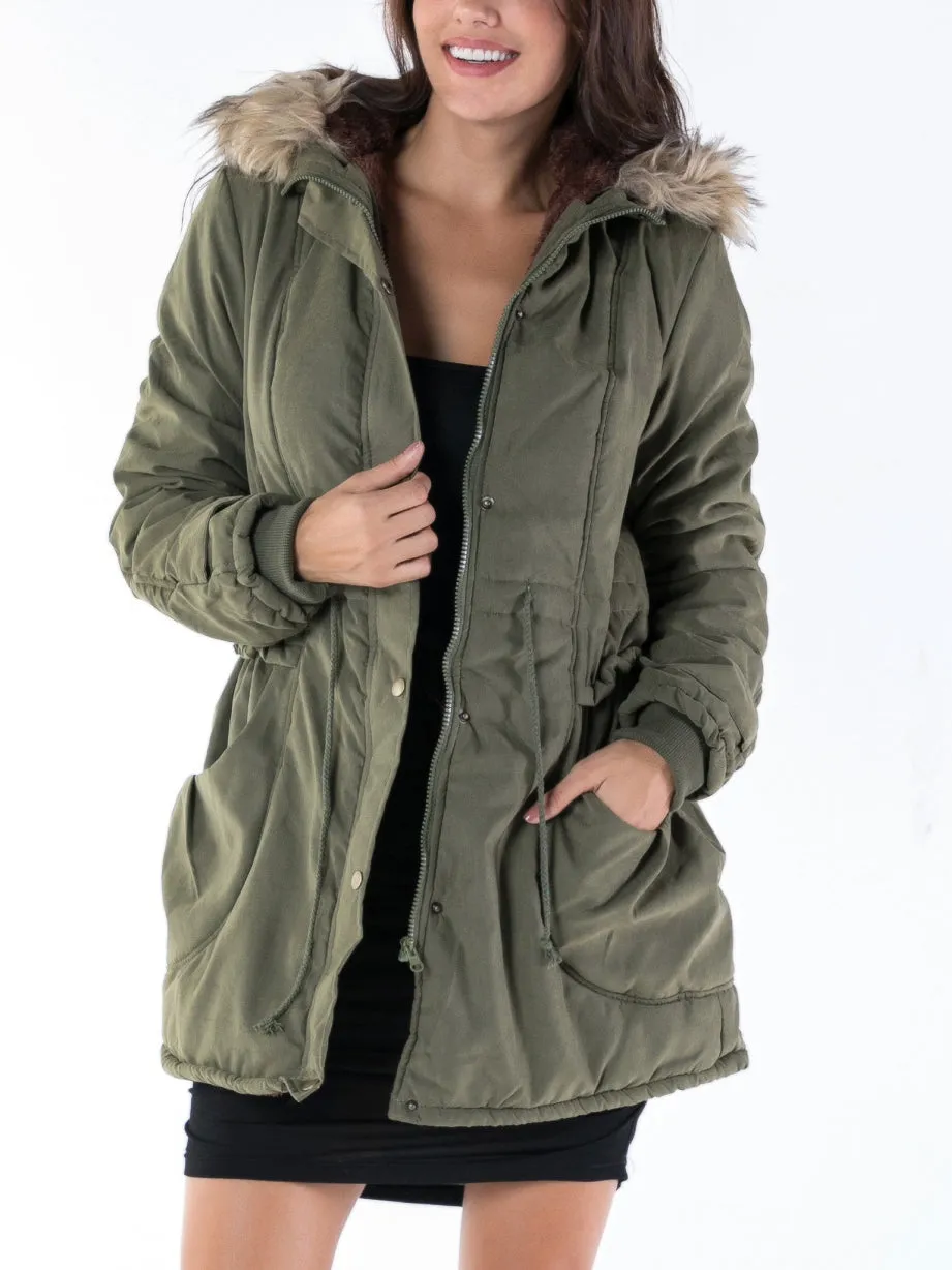 Army Green Thickening Slim Fur Collar Winter Coat Cotton Coat