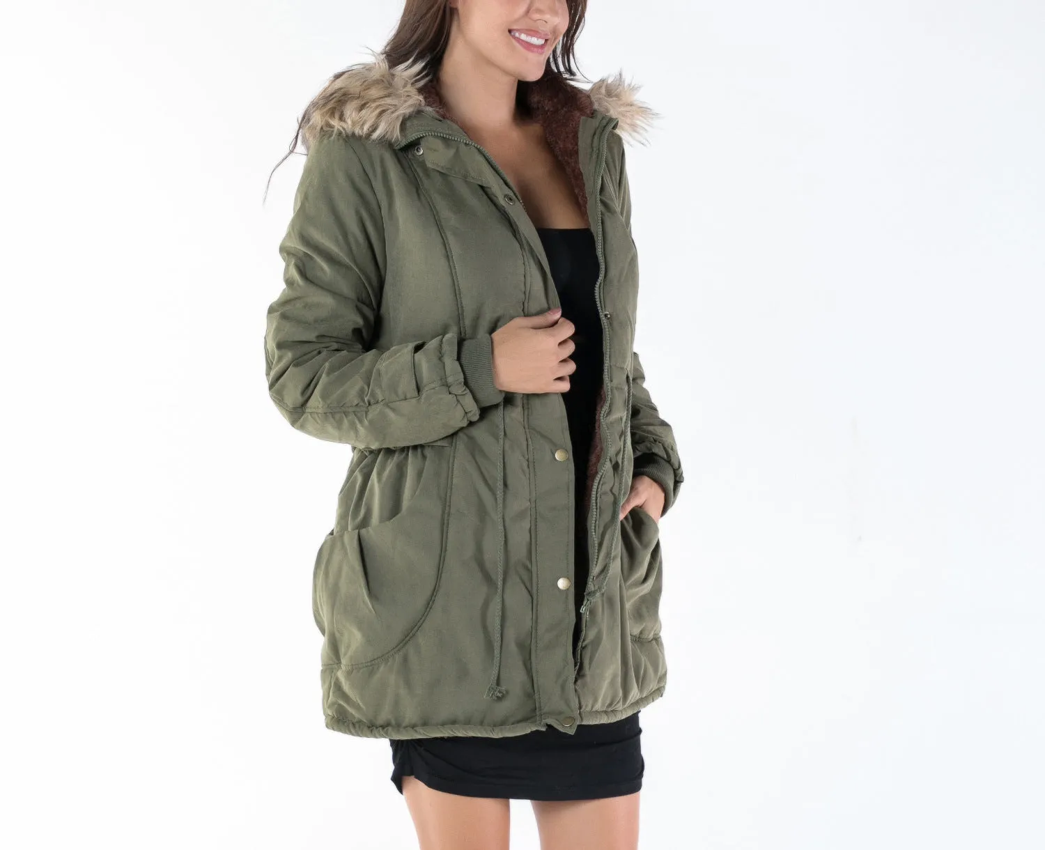 Army Green Thickening Slim Fur Collar Winter Coat Cotton Coat