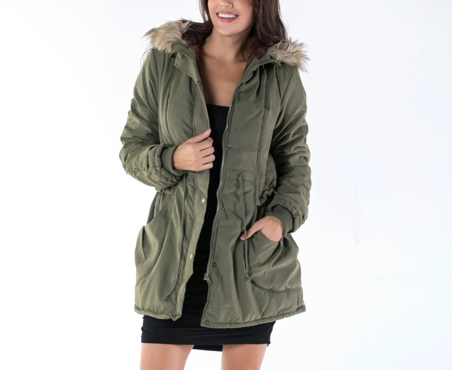 Army Green Thickening Slim Fur Collar Winter Coat Cotton Coat
