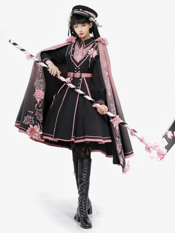 Army Lolita Poncho Black Polyester Chains Embroidered Floral Print Lolita Outwears