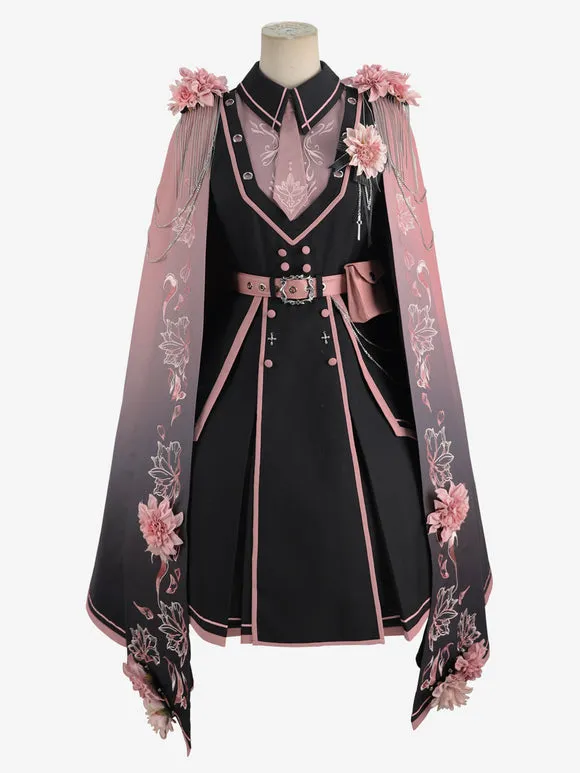 Army Lolita Poncho Black Polyester Chains Embroidered Floral Print Lolita Outwears
