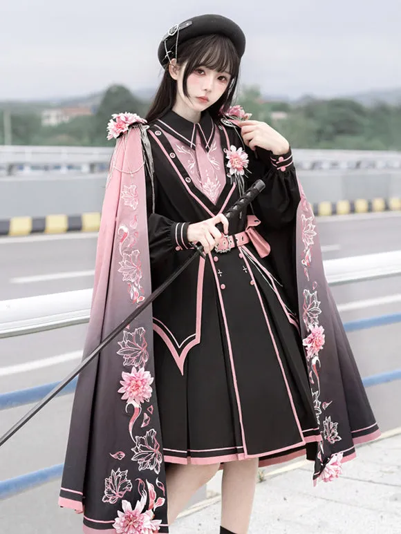 Army Lolita Poncho Black Polyester Chains Embroidered Floral Print Lolita Outwears