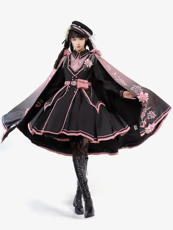 Army Lolita Poncho Black Polyester Chains Embroidered Floral Print Lolita Outwears