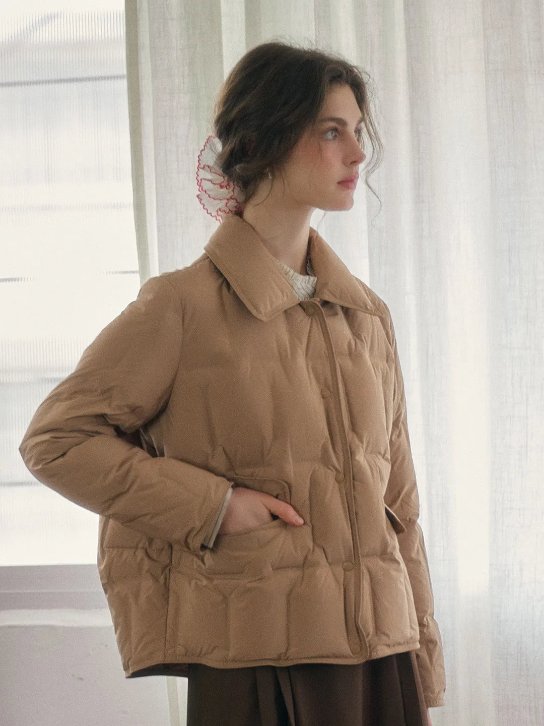 Bea Notched Collar Pocket Down Jacket - Khaki