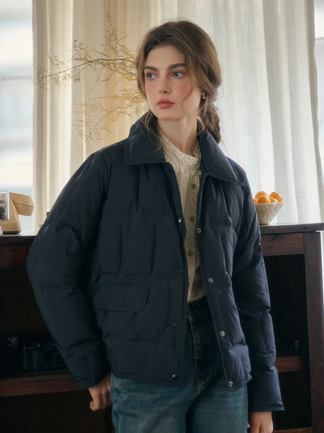 Bea Notched Collar Pocket Down Jacket - Khaki
