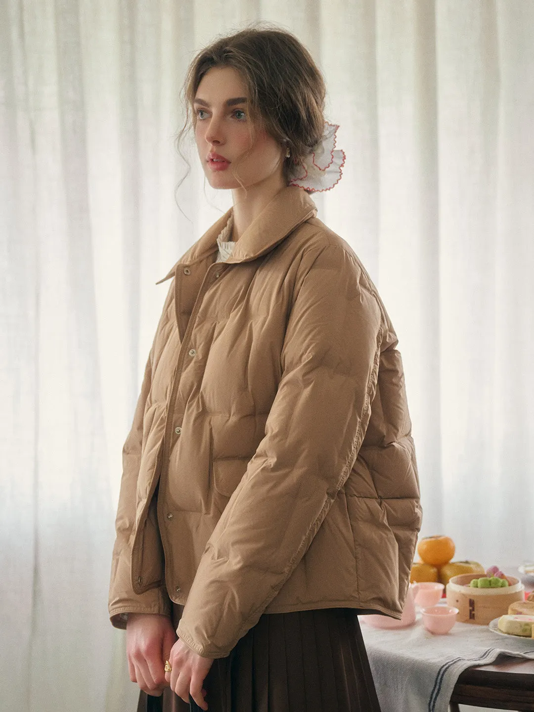 Bea Notched Collar Pocket Down Jacket - Khaki