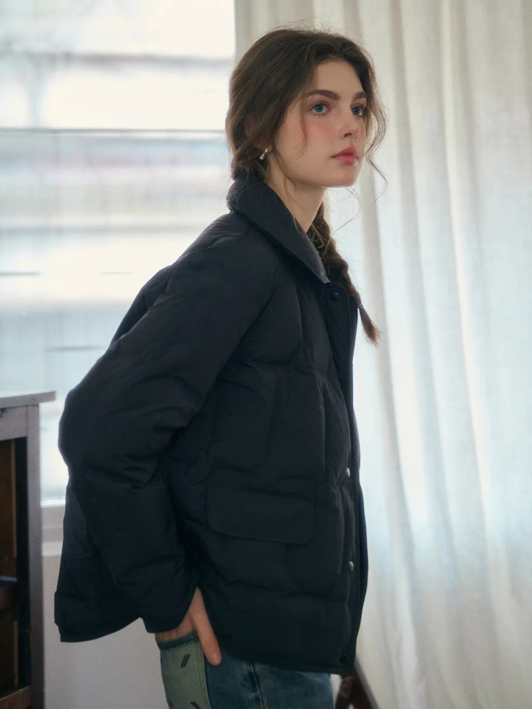 Bea Notched Collar Pocket Down Jacket - Khaki