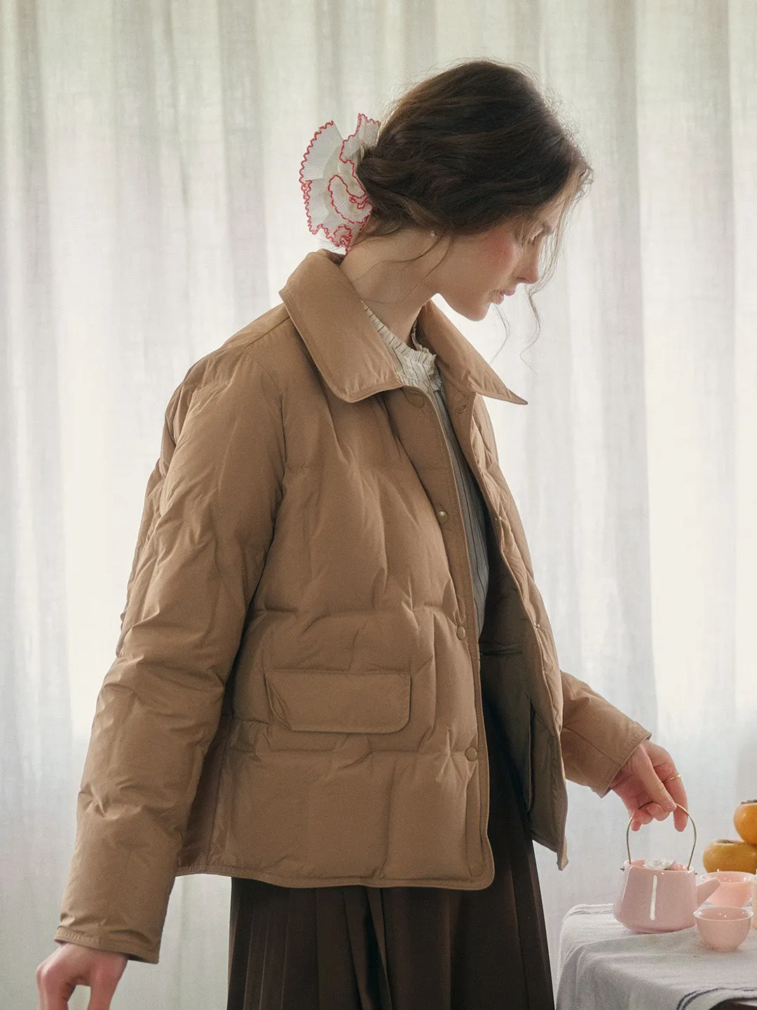 Bea Notched Collar Pocket Down Jacket - Khaki