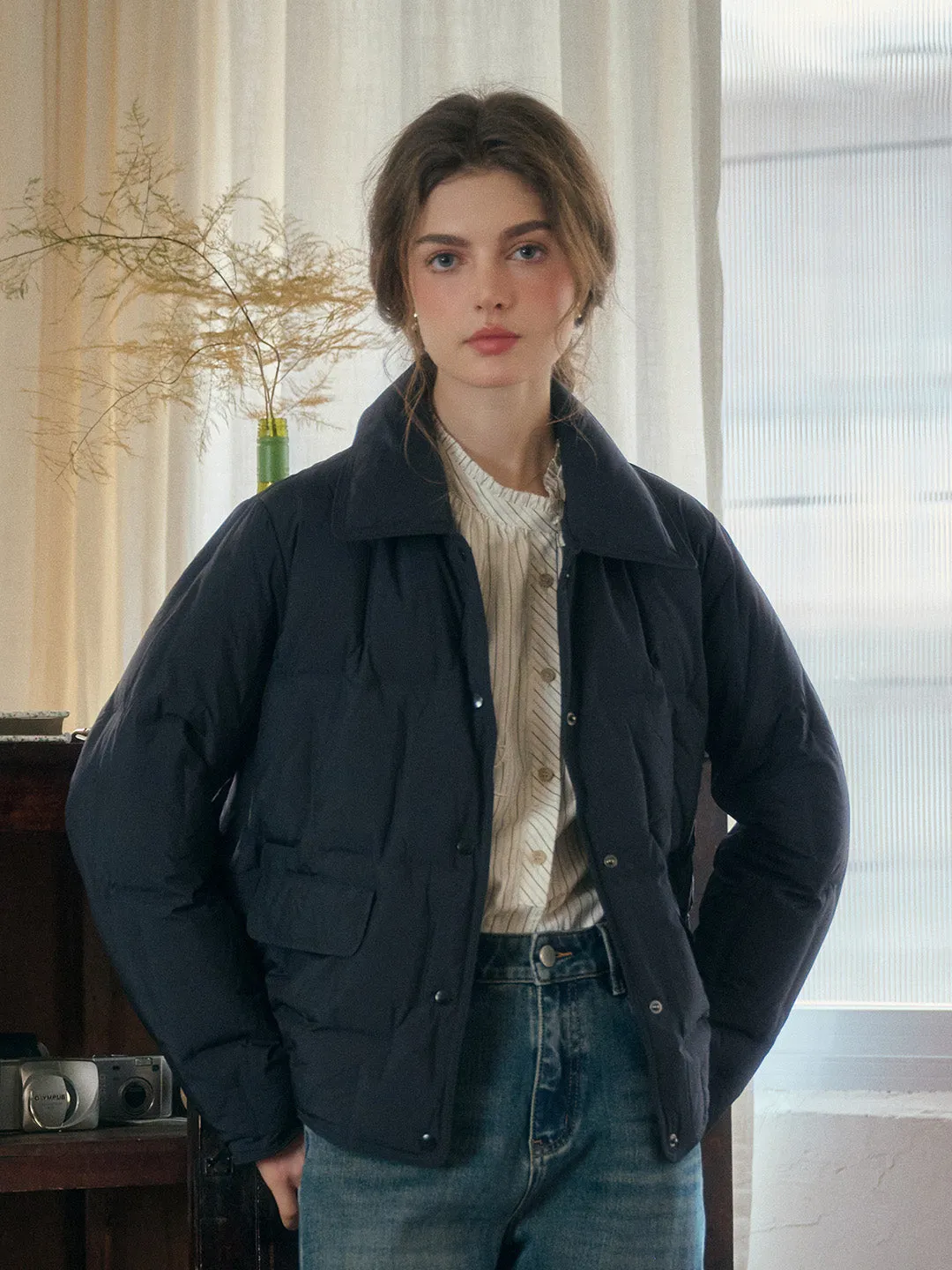 Bea Notched Collar Pocket Down Jacket - Khaki
