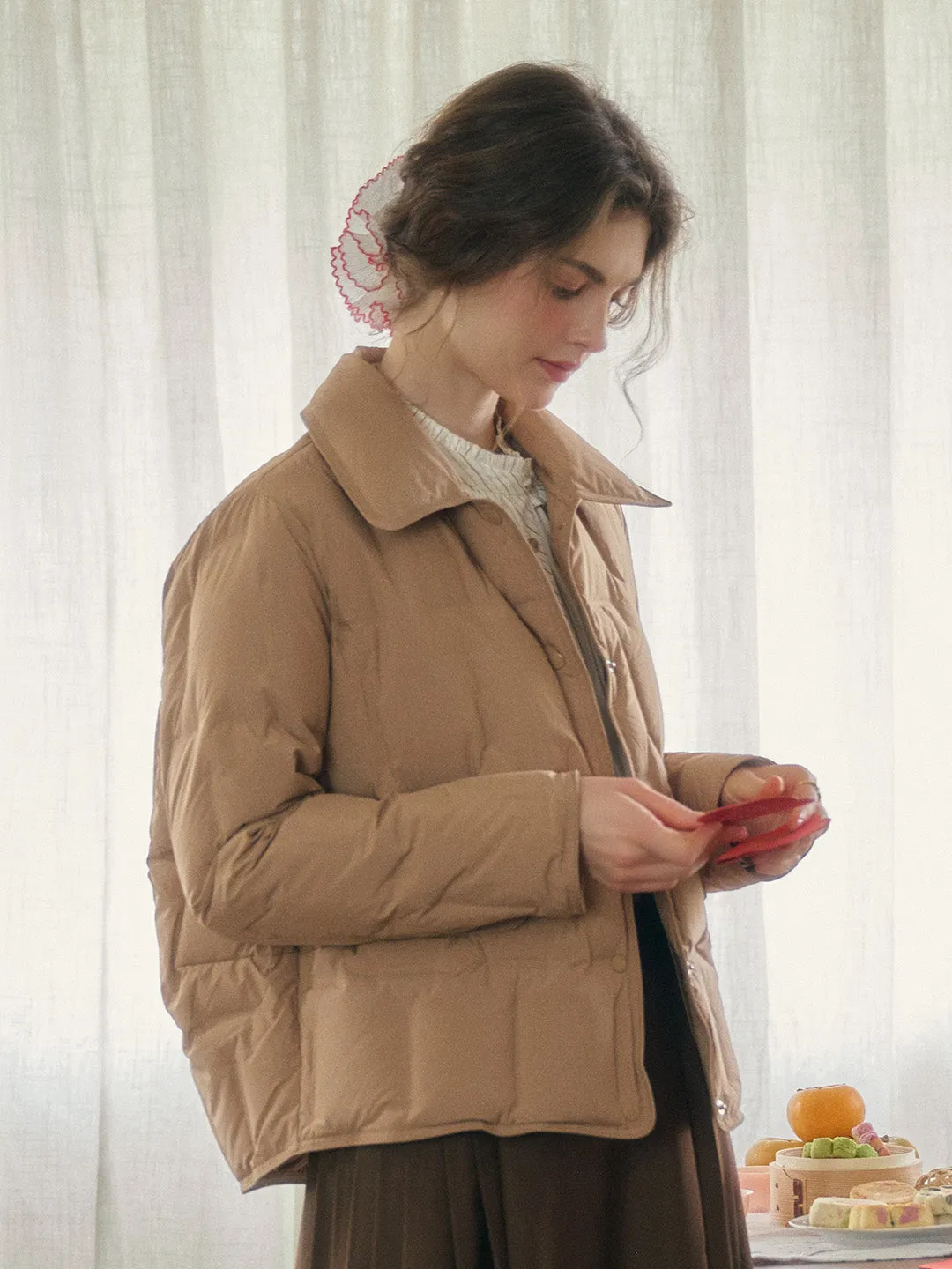 Bea Notched Collar Pocket Down Jacket - Khaki
