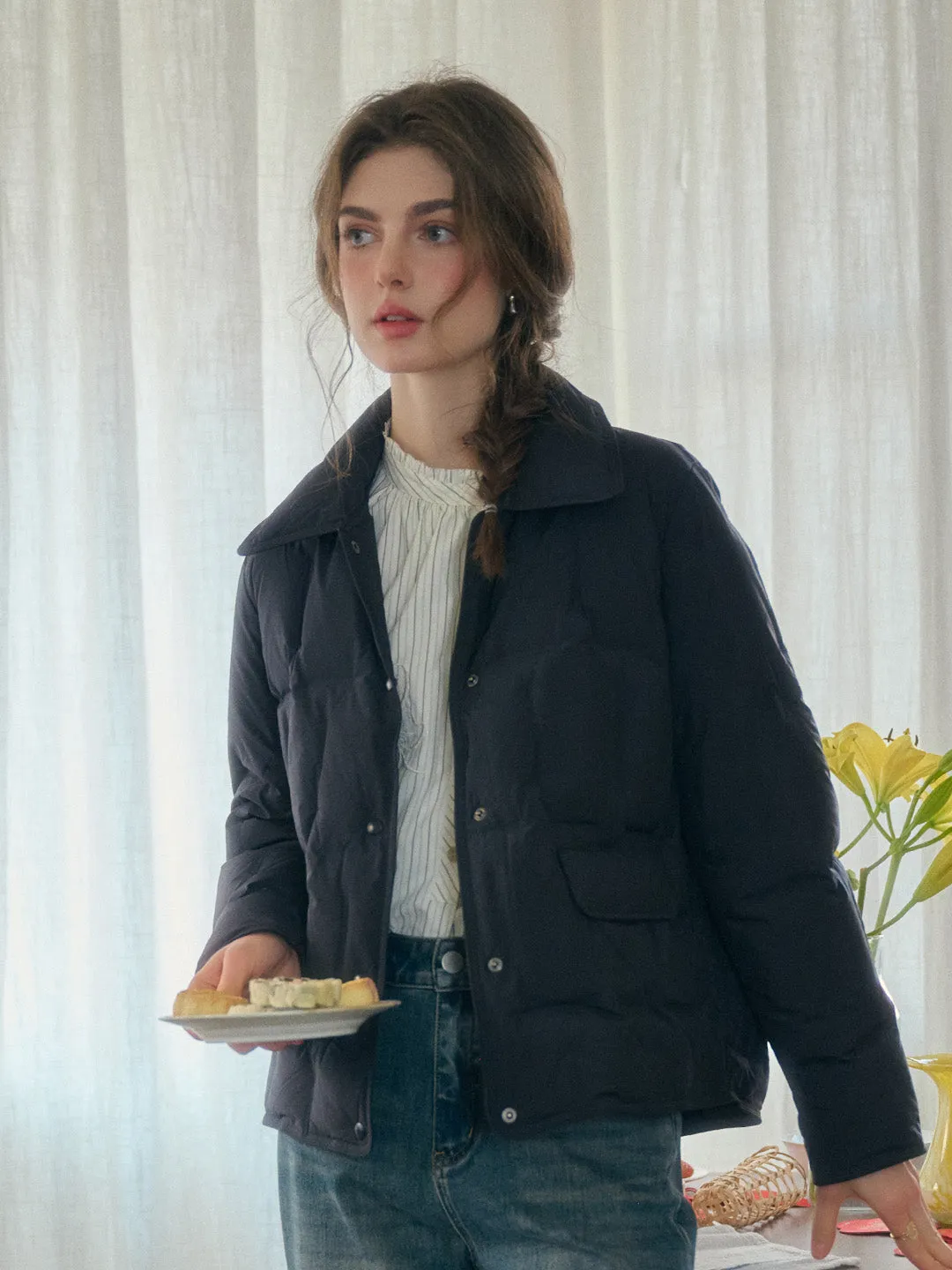 Bea Notched Collar Pocket Down Jacket - Khaki