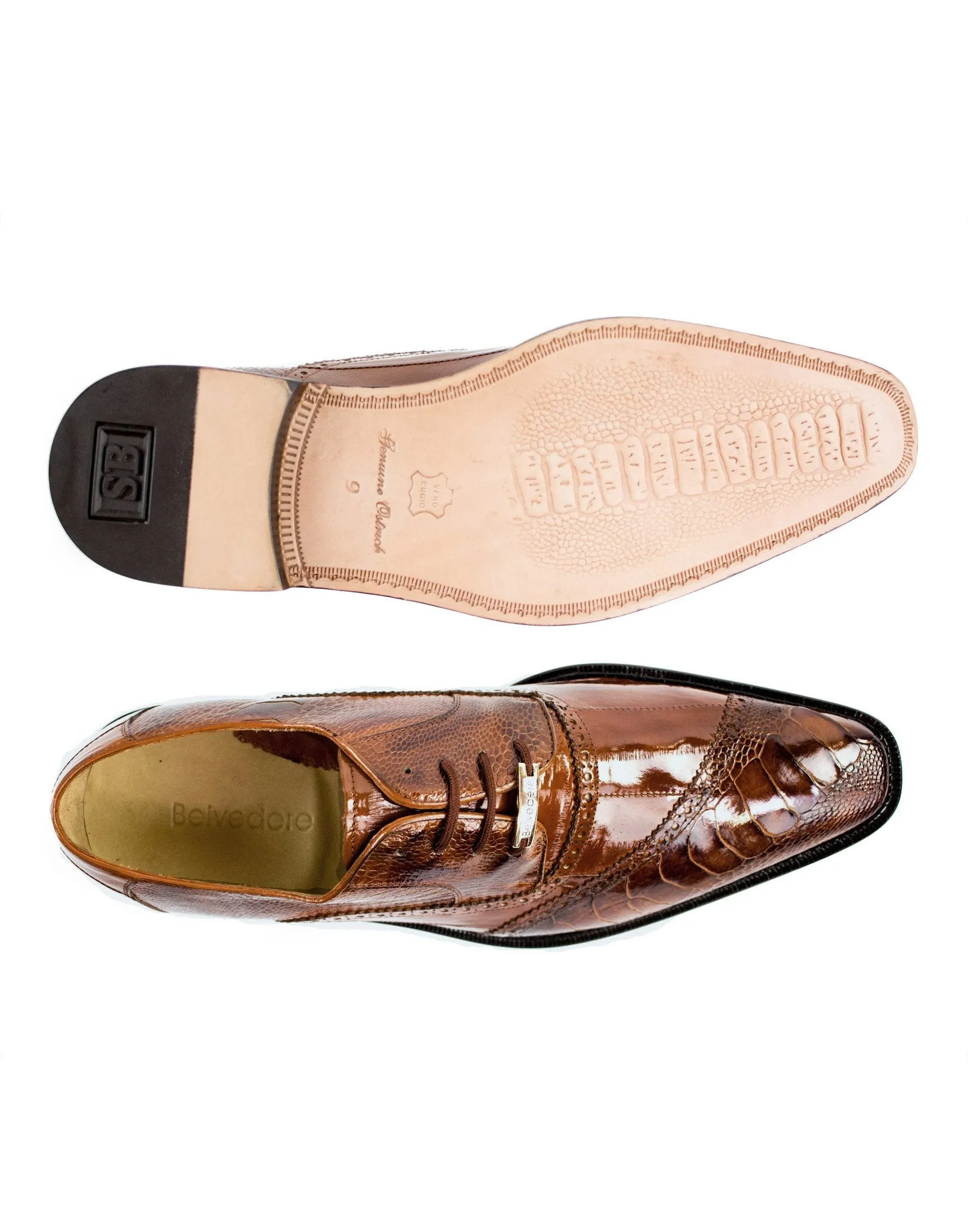 Belvedere - Nino, Genuine Ostrich Leg and Eel Dress Shoe - Antique Camel - 0B4 (IN STORE)