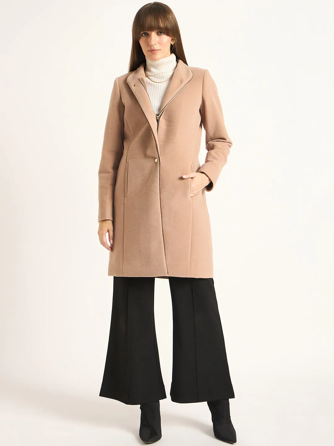 Biege Zip-Up Long Coat