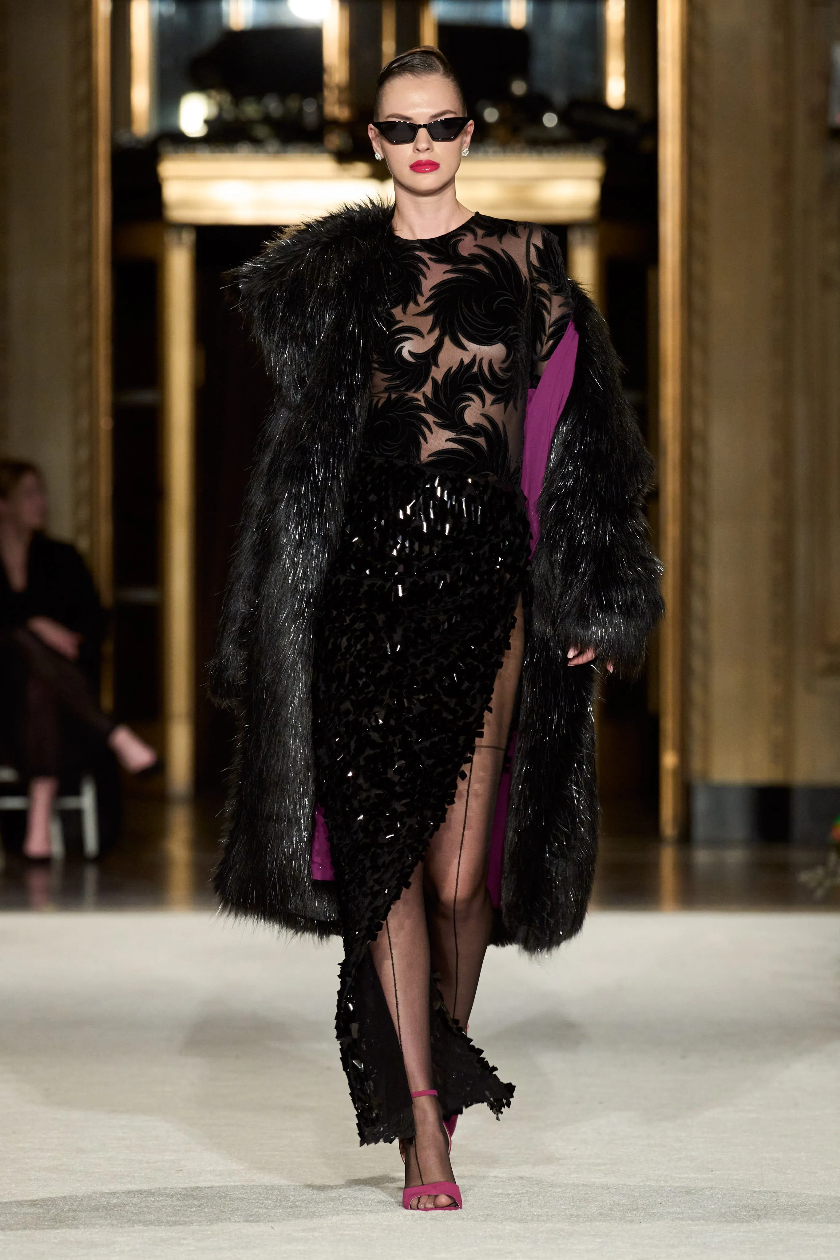 Black Metallic Faux Fur Coat