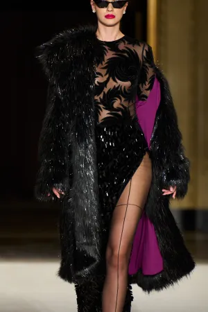 Black Metallic Faux Fur Coat
