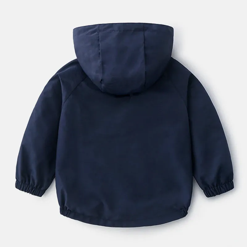 Boys Hooded Windbreaker with Pocket & Zipper - Navy, Yellow