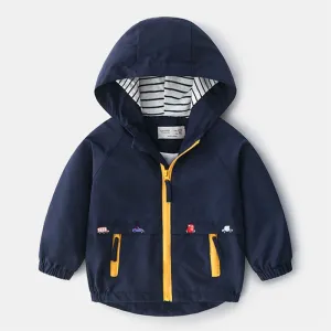 Boys Hooded Windbreaker with Pocket & Zipper - Navy, Yellow