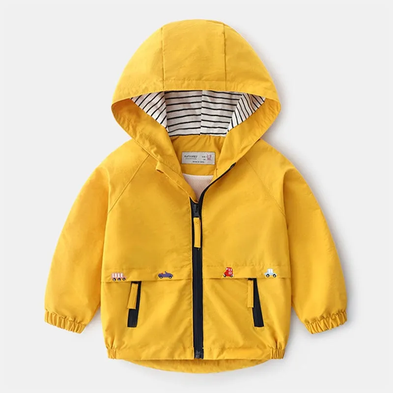 Boys Hooded Windbreaker with Pocket & Zipper - Navy, Yellow