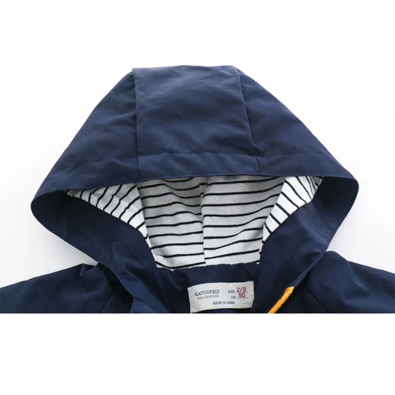 Boys Hooded Windbreaker with Pocket & Zipper - Navy, Yellow