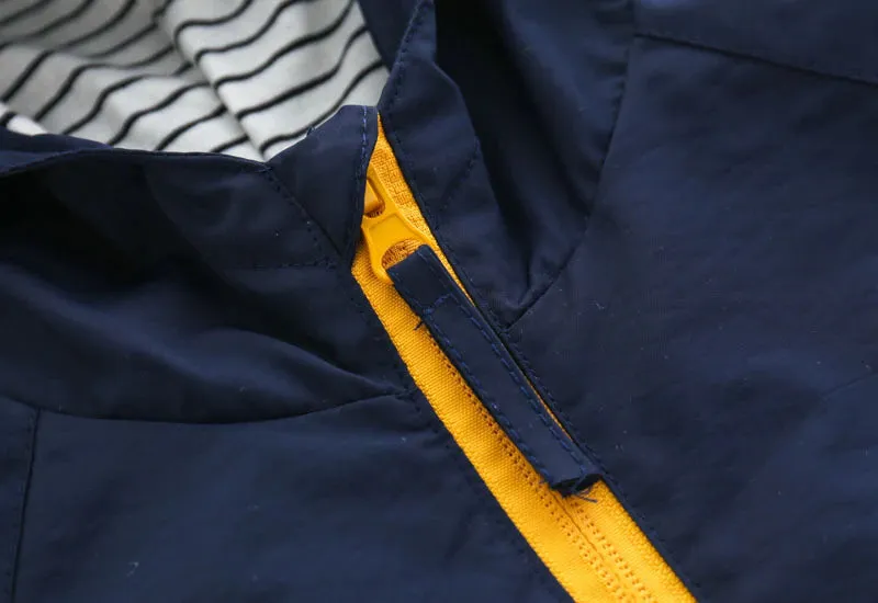 Boys Hooded Windbreaker with Pocket & Zipper - Navy, Yellow
