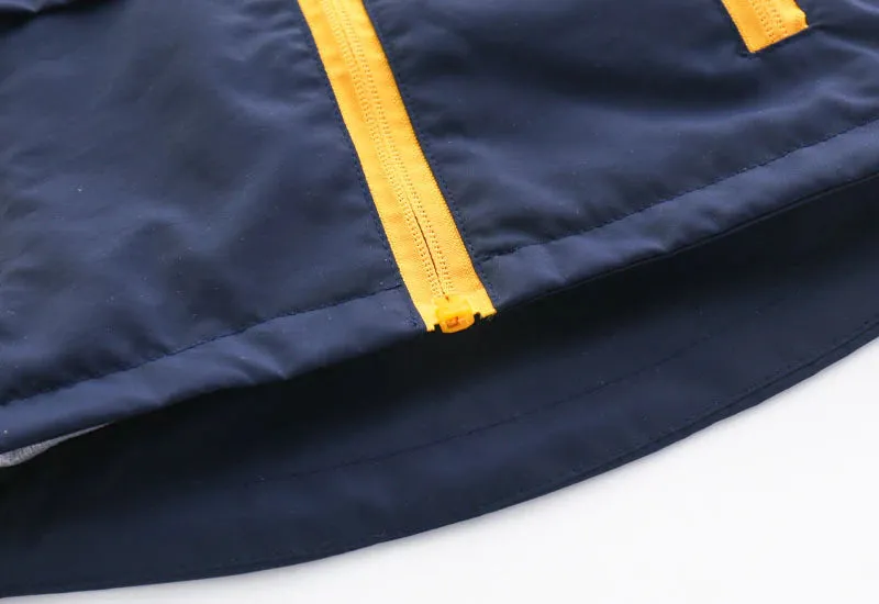 Boys Hooded Windbreaker with Pocket & Zipper - Navy, Yellow