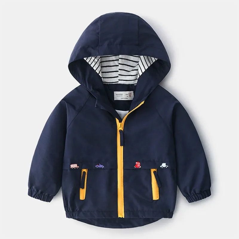 Boys Hooded Windbreaker with Pocket & Zipper - Navy, Yellow