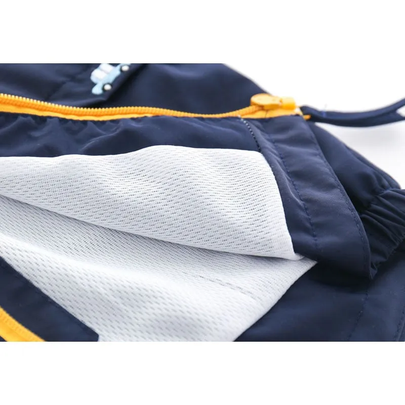 Boys Hooded Windbreaker with Pocket & Zipper - Navy, Yellow
