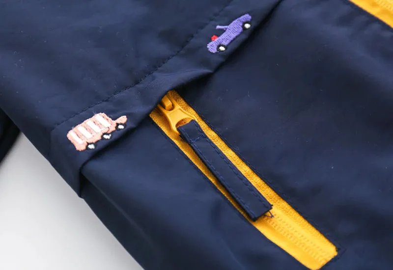 Boys Hooded Windbreaker with Pocket & Zipper - Navy, Yellow