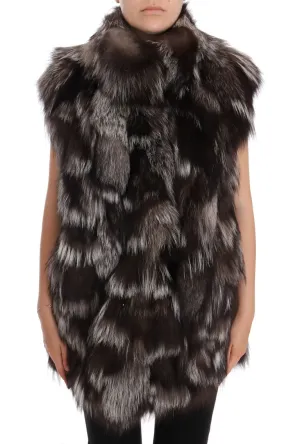 Brown White Silver Fox Fur Sleeveless Jacket