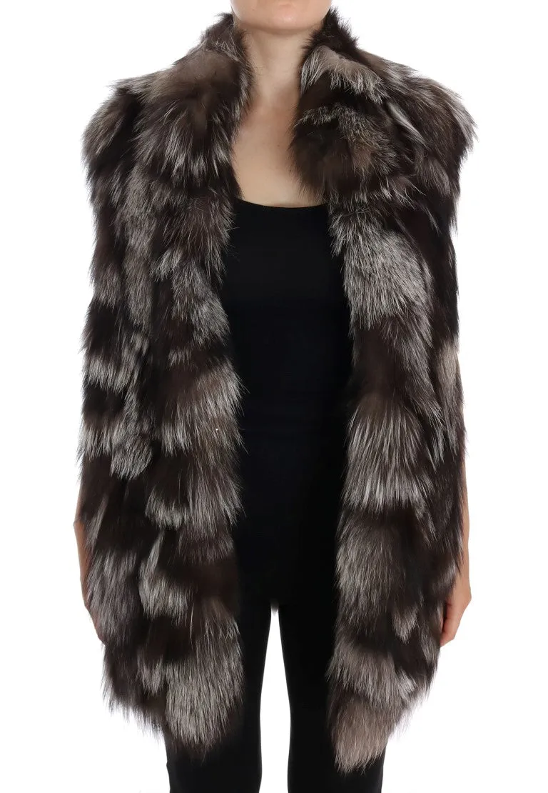 Brown White Silver Fox Fur Sleeveless Jacket