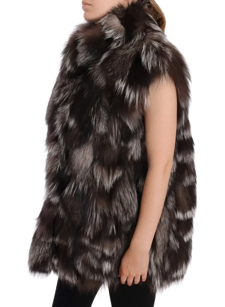 Brown White Silver Fox Fur Sleeveless Jacket